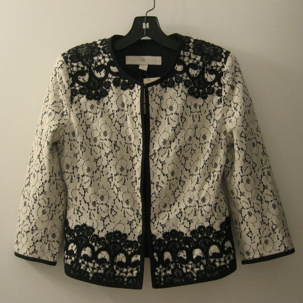 BOSTON PROPER CHIC BLACK OFF WHITE IVORY LACE EFFECT JACKET NWT 4